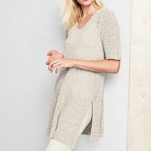 Eileen Fisher Pebble Beige Mélange Half-Sleeve V-Neck Tunic Linen Blend XL